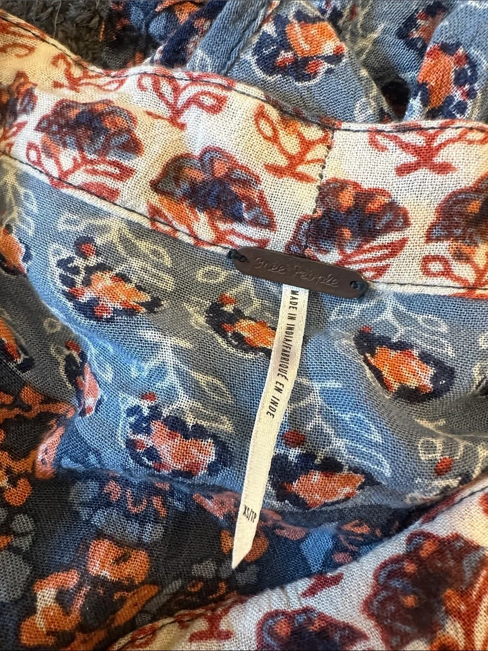 Free People Samba Orange Blue Paisley Tapestry Patchwork Boho Button Up Shirt XS